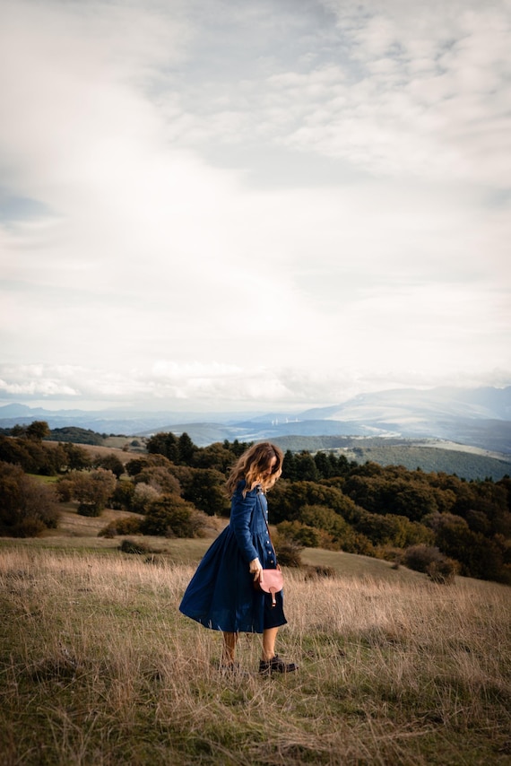 vintage inspired linen dress Movie Inspired Vintage Linen Square Collar Prairie Dress Blue / L I Retro Fairy