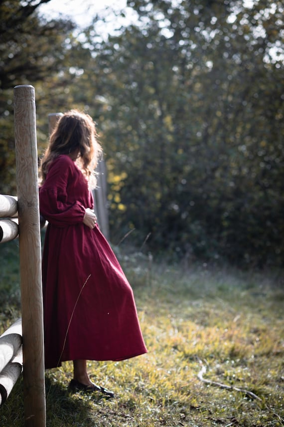 Women's Linen Dress RUGIL. Breastfeeding Dress. Vintage Inspired Linen Dress with Puff Sleeves. Long Linen Dress in Berry Red