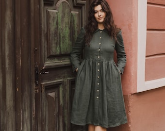 Women's linen dress GUŽĖ mama. Vintage inspired linen dress with wooden buttons. Long linen dress in Forest green