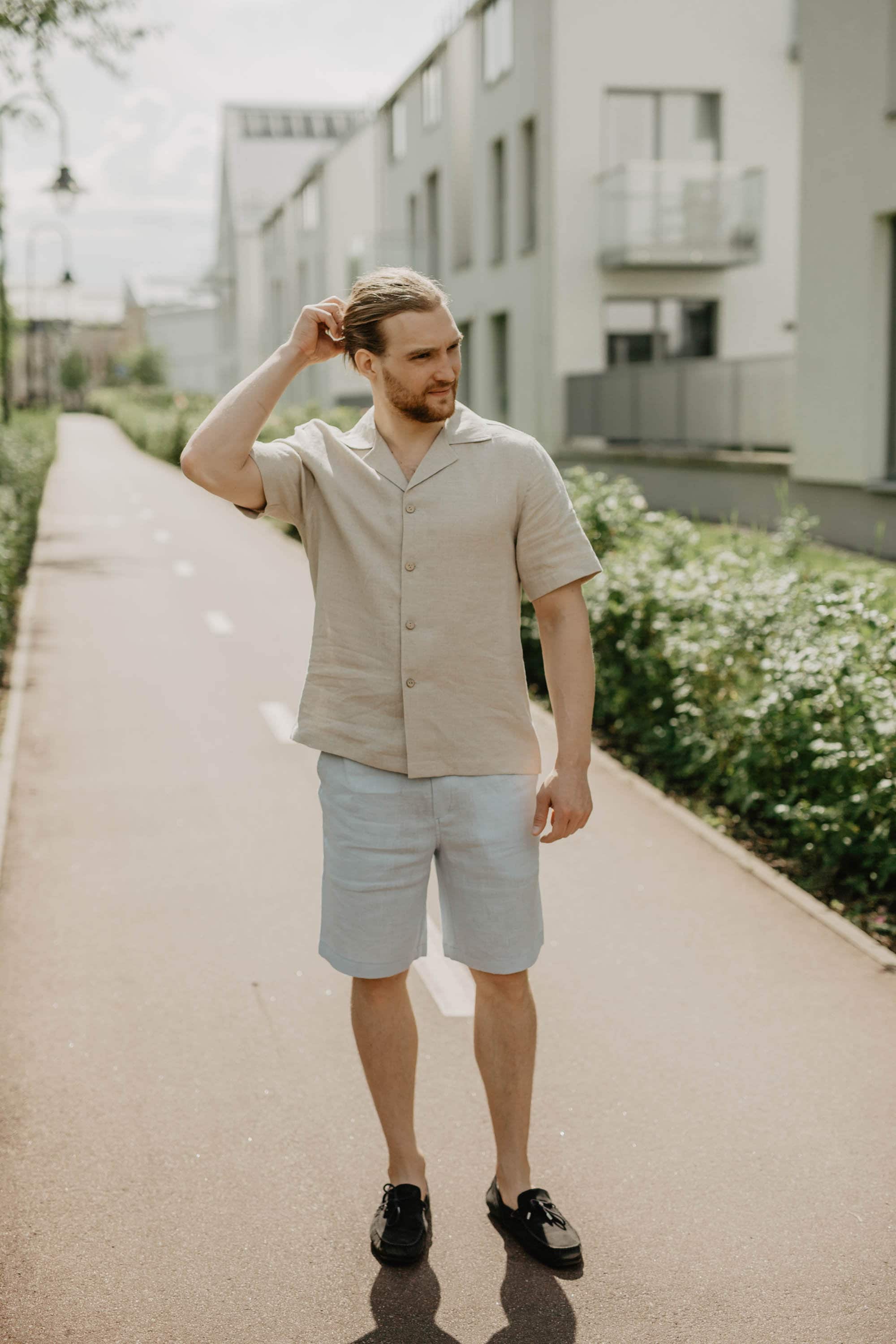 【2plan】Elu stripe linen short sleeves shirt Men's Linen Shirt PILĖNAS. Short Sleeve Linen Shirt for Men