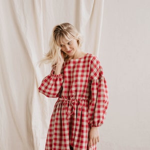 Women's linen dress RUGILĖ. Vintage inspired linen dress with puff sleeves. Long linen dress in dark Red gingham. Oversized linen dress image 5