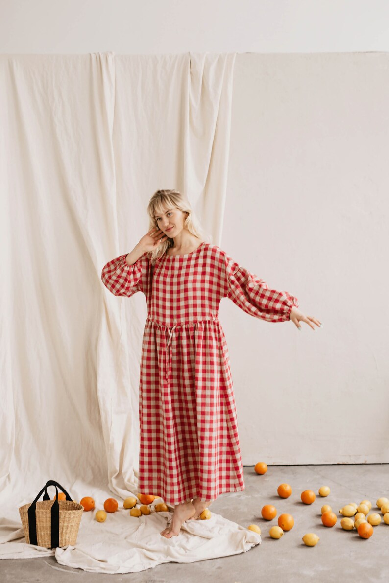 Women's linen dress RUGILĖ. Vintage inspired linen dress with puff sleeves. Long linen dress in dark Red gingham. Oversized linen dress image 7