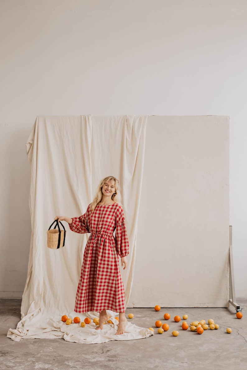 red gingham linen dress