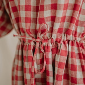 Women's linen dress RUGILĖ. Vintage inspired linen dress with puff sleeves. Long linen dress in dark Red gingham. Oversized linen dress image 4