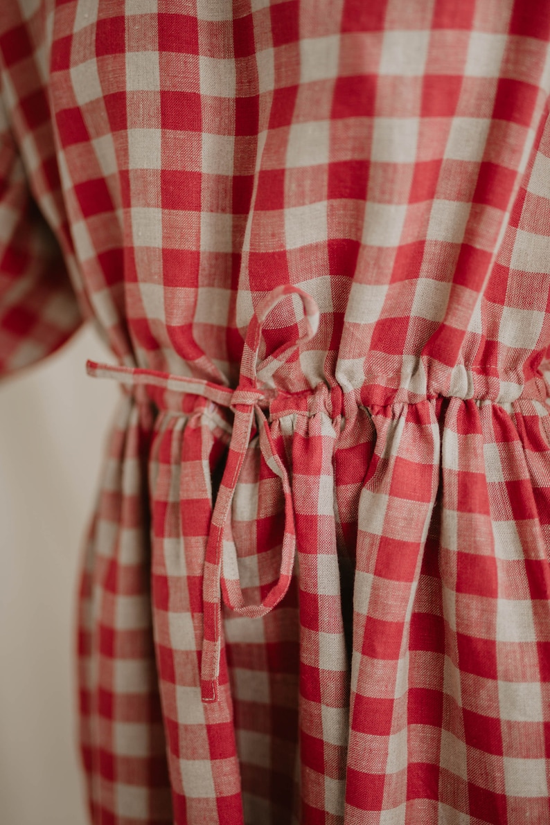 Women's linen dress RUGILĖ. Vintage inspired linen dress with puff sleeves. Long linen dress in dark Red gingham. Oversized linen dress image 4