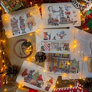 5 cartes de vœux/de Noël dessinées à la main et peintes à l'aquarelle