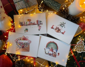 Lot de 4 cartes de vœux artisanales pour une saison des fêtes pleine de tendresse.