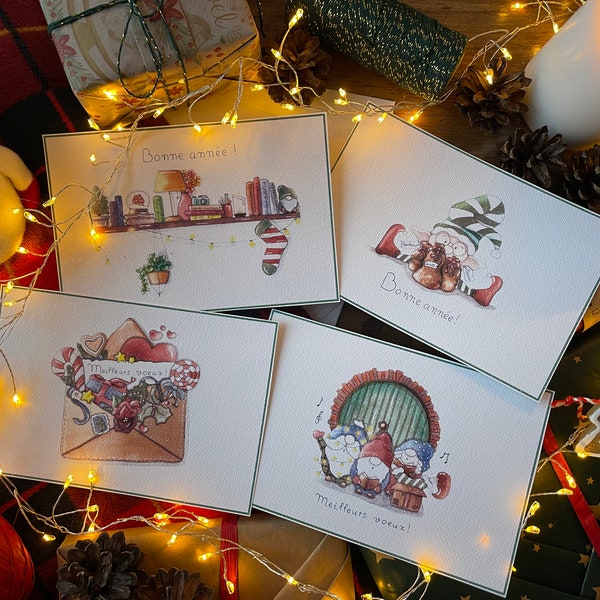 Lot de 4 cartes de vœux artisanales pour une saison des fêtes pleine de tendresse.