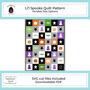 Digitaal quiltpatroon L&#39;IL SPOOKS - pdf-quiltpatroon - appliquéquilt - Halloweenquilt - 4 vormsjablonen - pompoen, ster, vleermuis, spook