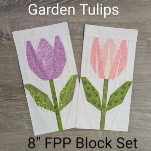 GARDEN TULIPS 8&quot;x16&quot; block patterns - 4 FPP quilt blocks - foundation paper piecing - flower quilt blocks - Spring quilt - Gardening quilt