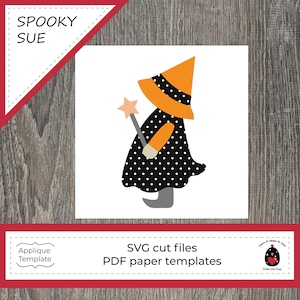 May include: A Halloween-themed graphic of a witch in a black polka-dot dress, orange hat, and star wand. The text "SPOOKY SUE" is in a red and white triangle. Below, the text reads "SVG cut files PDF paper templates".
