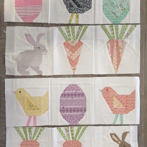 SPRING LIFE 6&quot; block patterns - 4 sets of FPP templates - foundation paper piecing - carrot, rabbit, egg, & chick quilt blocks - 11 designs