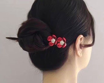 Camellia Wooden Hair Stick | Retro Hair Fork | Ebony Red Flower Hair Comb | Wood Hair Hairpin Aaccessories