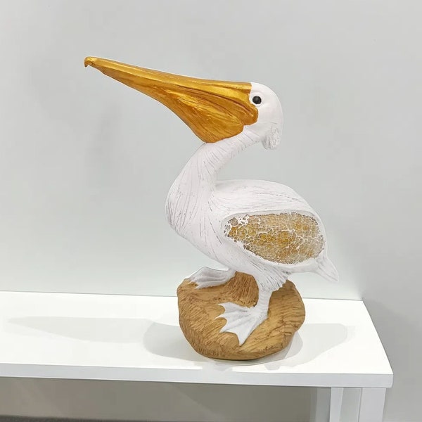 Resin Statue Figurines - Pelican Gold Bird on Stone with Glass Wings - Tabletop Statuette Desk Decor Gifts for Home Living Bathroom Garden