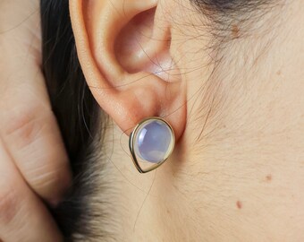 Puces d'oreilles délicates en pierres précieuses | Or 18 carats | Opalite | Rond et goutte d'eau | Clous d'oreilles en or hypoallergéniques | Cadeau pour elle | Minimaliste