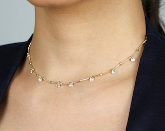 Satelliten-Kette Halskette | Zirkonia Kette | Zierlicher Choker | In 14K Gold gefertigt | Perfekt für den Alltag | Antiallergisch und nickelfrei