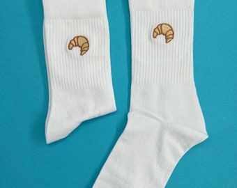 Croissant | Bestickte Socken Tennissocken Weiß Baumwolle mit Croissant Design