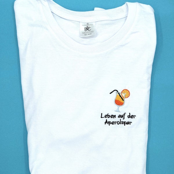 Leben auf der Aperolspur | Besticktes T-Shirt Unisex Baumwolle verschiedene Farben Schriftzug Aperol