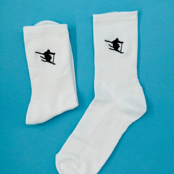 Ski | Bestickte Socken Tennissocken Weiß Baumwolle Skifahrer