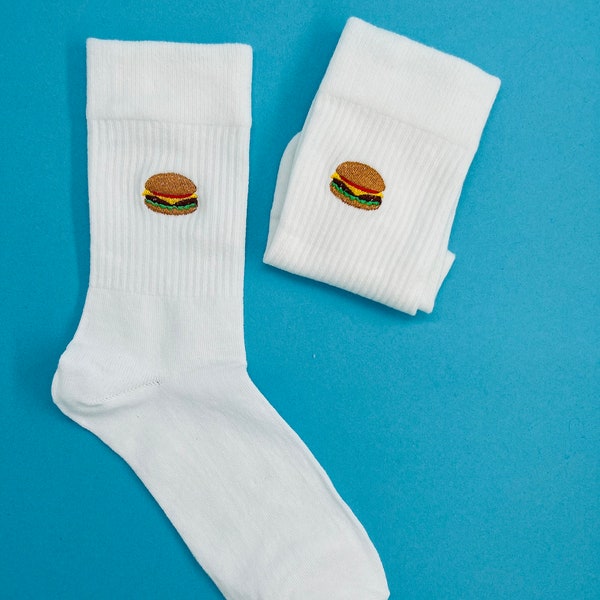 Burger | Bestickte Socken Tennissocken Weiß Baumwolle mit Burger Design