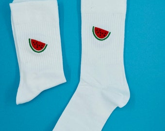 Melone | Bestickte Socken Tennissocken Weiß Baumwolle mit Melonen Design