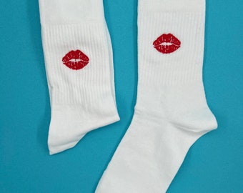 Kiss Lippen | Bestickte Socken Tennissocken Weiß Baumwolle