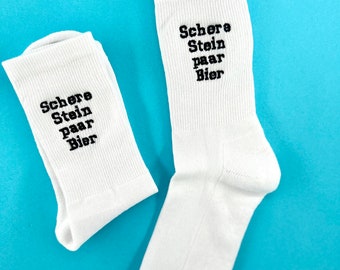 Schere, Stein, paar Bier | Bestickte Socken Tennissocken Weiß mit lustigem Spruch