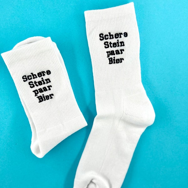 Schere, Stein, paar Bier | Bestickte Socken Tennissocken Weiß mit lustigem Spruch