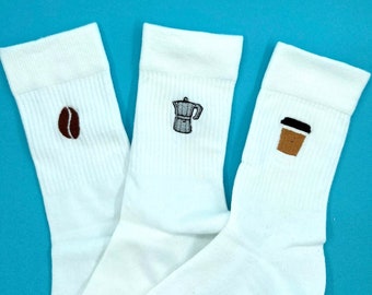 Kaffee Set | Bestickte Socken Tennissocken Weiß Baumwolle Coffee Mokka Kanne Bohne