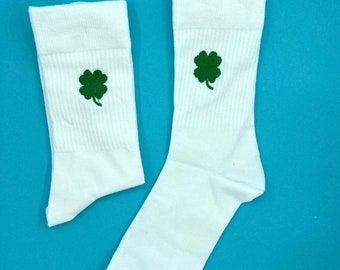 Kleeblatt | Bestickte Socken Tennissocken Weiß Baumwolle Glücksbringer Blatt Glück