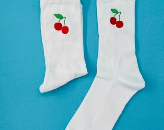 Kirsche | Bestickte Socken Tennissocken Weiß Baumwolle mit Kirschdesign