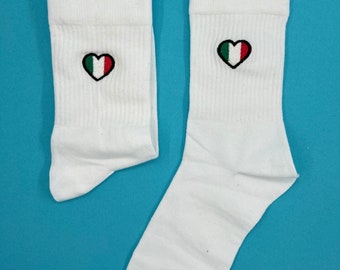 Italien Flagge Herz | Bestickte Socken Tennissocken Weiß Baumwolle