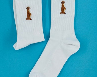 Erdmännchen | Bestickte Socken Tennissocken Weiß Baumwolle