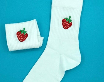 Erdbeere | Bestickte Socken Tennissocken Weiß Baumwolle