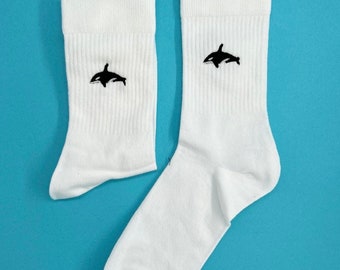 Orca | Bestickte Socken Tennissocken Weiß Baumwolle mit Orca Design