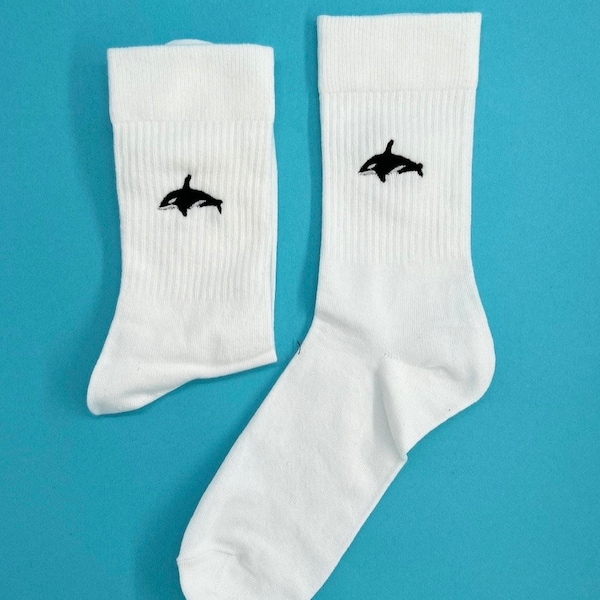 Orca | Bestickte Socken Tennissocken Weiß Baumwolle mit Orca Design