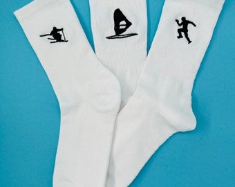 Sport Set | Bestickte Socken Tennissocken Weiß Baumwolle Windsurfing, Sprinter, Skifahrer