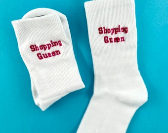 Shopping Queen | Bestickte Socken Tennissocken Weiß mit Spruch