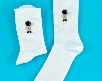 Astronaut | Bestickte Socken Tennissocken Weiß Baumwolle