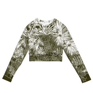 Tropical Garden Cropped Rash Guard | Green Palm Leaves Long Sleeve Crop Top