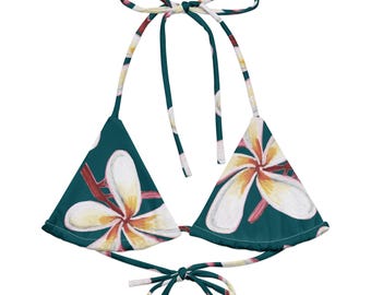 Top de bikini con tiras y estampado floral de plumeria / Traje de baño para mujer con estampado floral verde azulado tropical