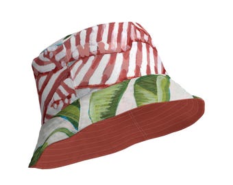 Paradise Palm Bucket Hat | Terracotta Striped Reversible Beach Hat