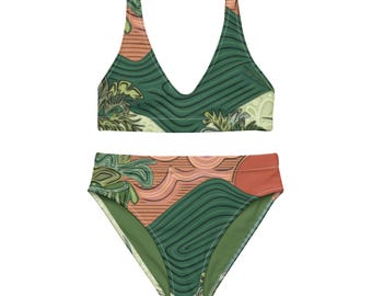 Tropischer Regenwald Sportliches Bikini-Set mit hoher Taille | Grüner Dschungel-Frauen-Badeanzug