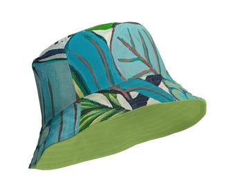 Seetrauben Fischerhut | Aqua und Limette Palmen Streifen Strandhut