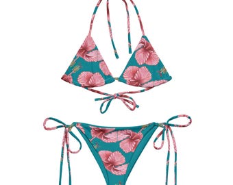 Conjunto de bikini de tiras con flores de hibisco / Traje de baño turquesa tropical para mujer