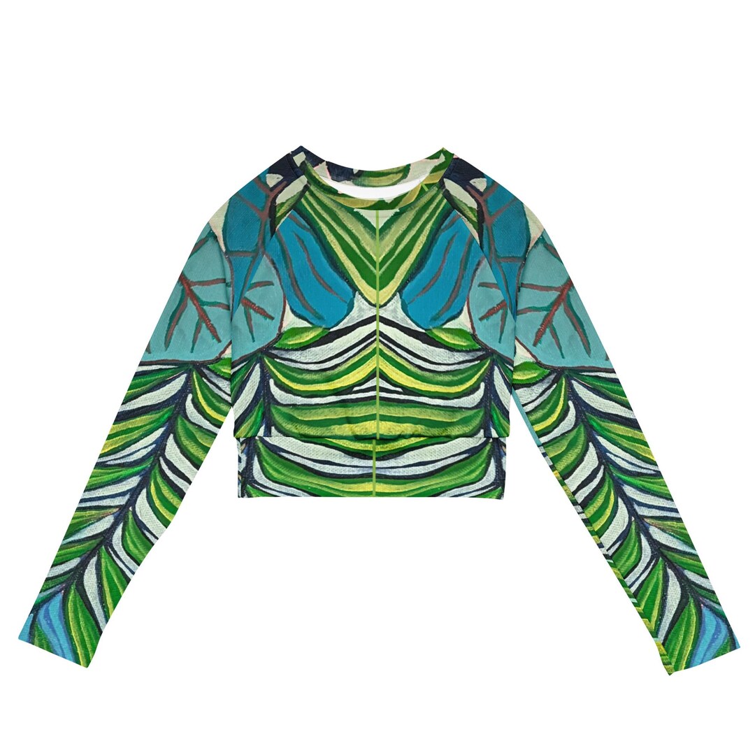 Sea Grapes Cropped Rash Guard | Aqua and Lime Palm Striped Long Sleeve ...