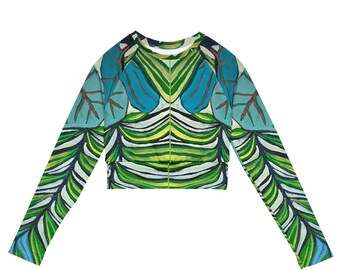 Sea Grapes zugeschnittenen Ausschlagsschutz | Aqua und Limette Palmen gestreiftes Langarm Crop Top