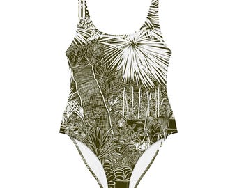 Tropical Garden Swimsuit | Folhas de palmeira verde Maiô feminino de uma peça