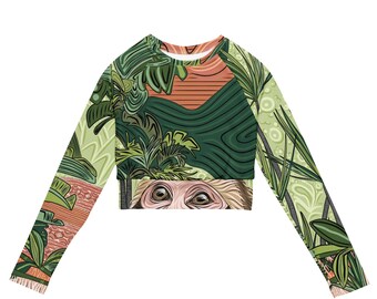 Monkey Business Kurzarm Ausschlagschutz | Grünes Dschungel-Langarm-Crop-Top