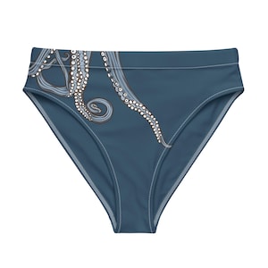 Octopus Tentacle High-Waisted Bikini Bottom | Navy Blue Ocean Pattern Women’s Swimsuit Separates